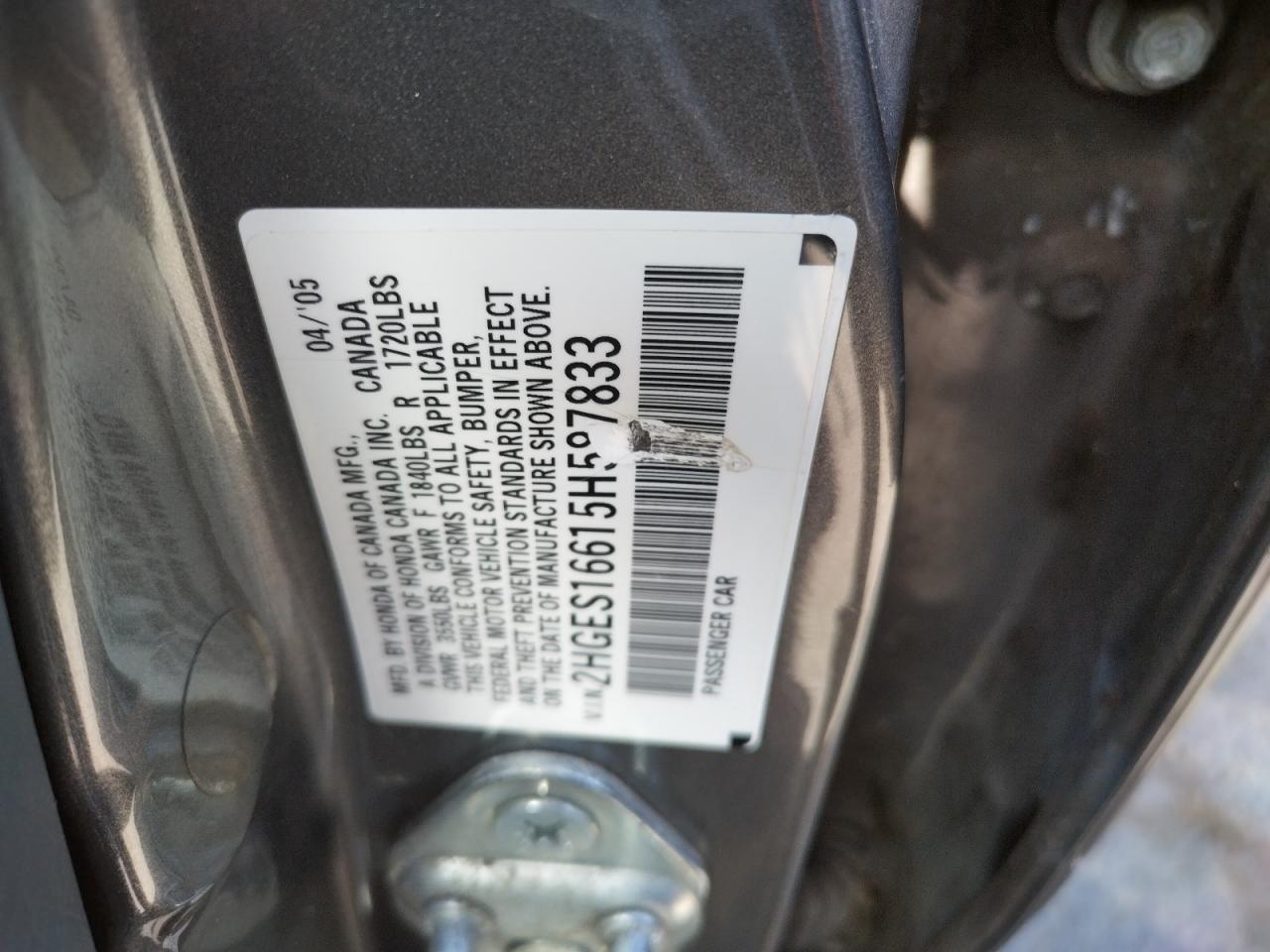 Photo 10 from auction – 2005 HONDA CIVIC LX with VIN 2HGES16615H587833