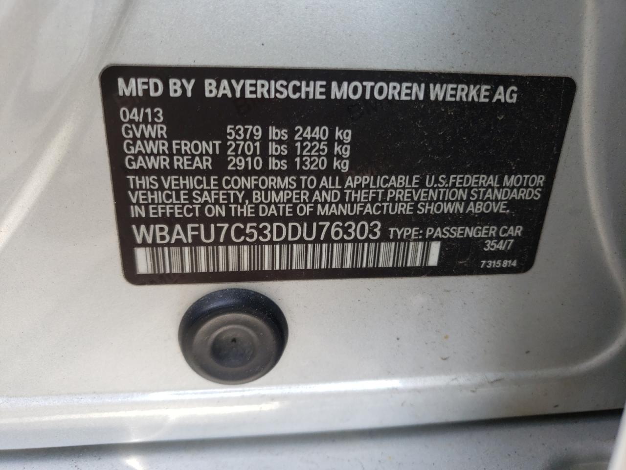 Photo 10 from auction – 2013 BMW 535 XI with VIN WBAFU7C53DDU76303