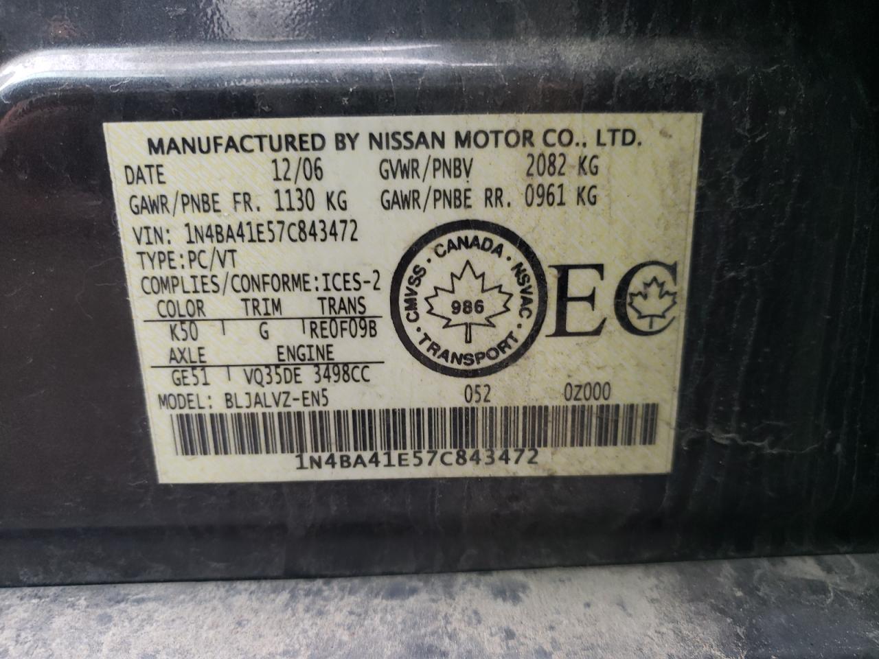Photo 10 from auction – 2007 NISSAN MAXIMA SE with VIN 1N4BA41E57C843472