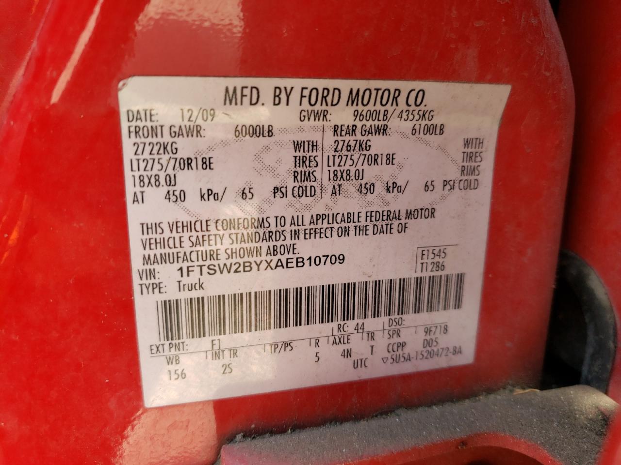 Photo 10 from auction – 2010 FORD F250 SUPER with VIN 1FTSW2BYXAEB10709