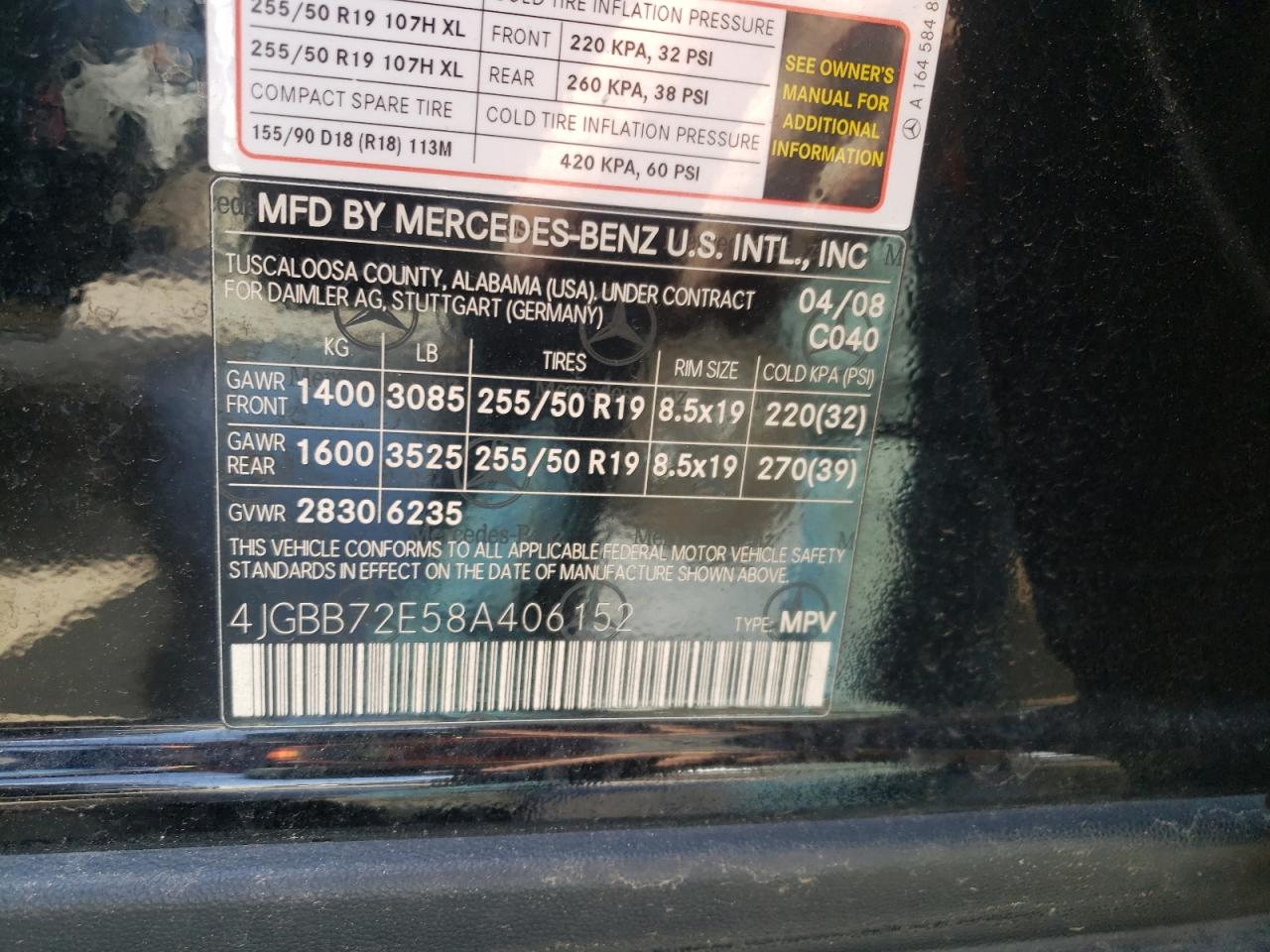 Photo 10 from auction – 2008 MERCEDES-BENZ ML 550 with VIN 4JGBB72E58A406152