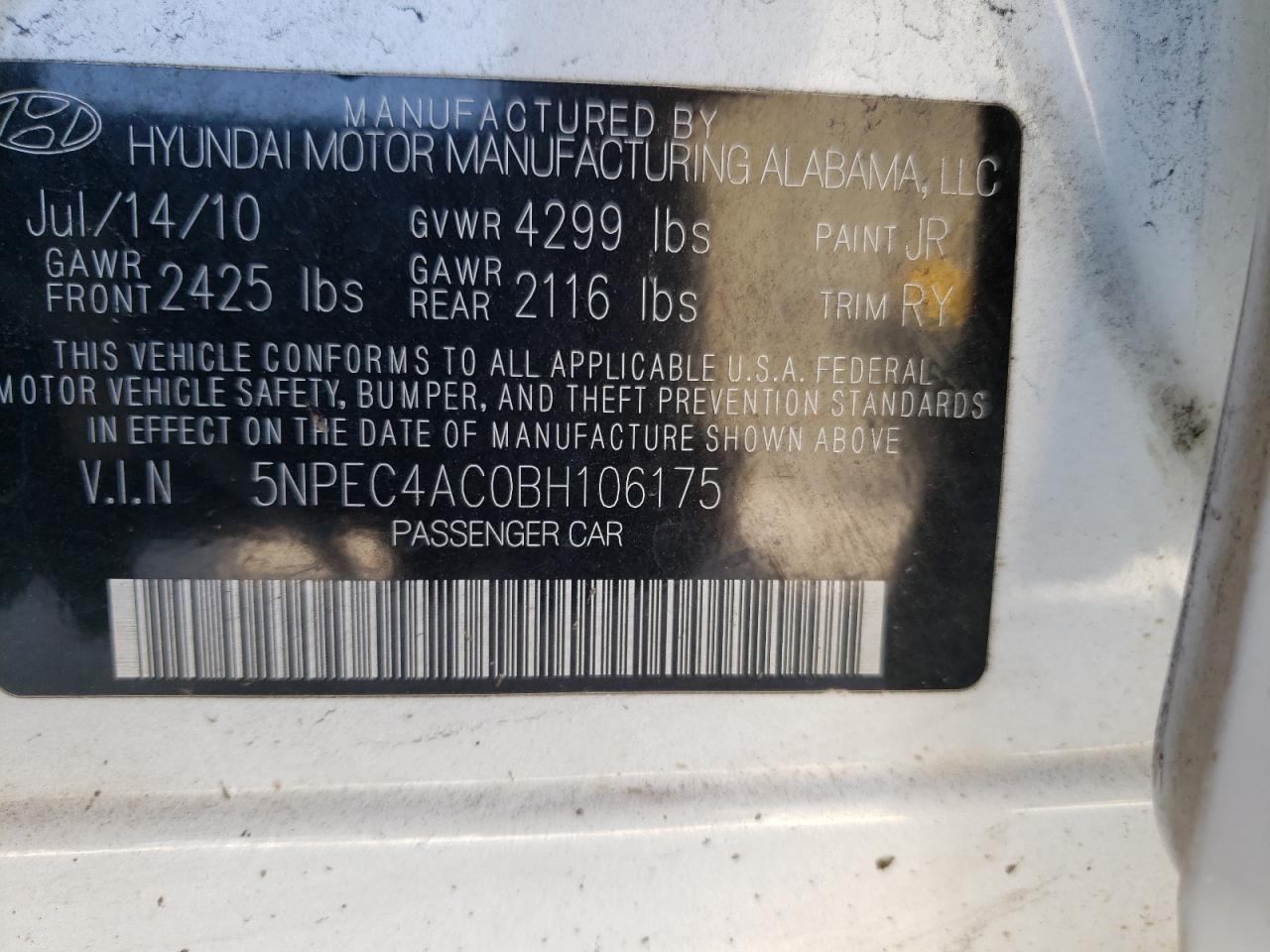Photo 10 from auction – 2011 HYUNDAI SONATA SE with VIN 5NPEC4AC0BH106175