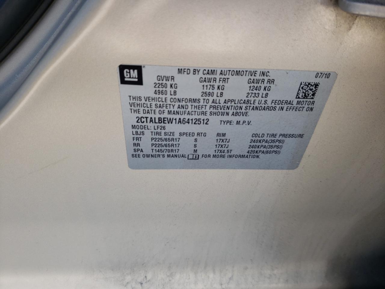 Foto 10 de la subasta – 2010 GMC TERRAIN SL con VIN 2CTALBEW1A6412512