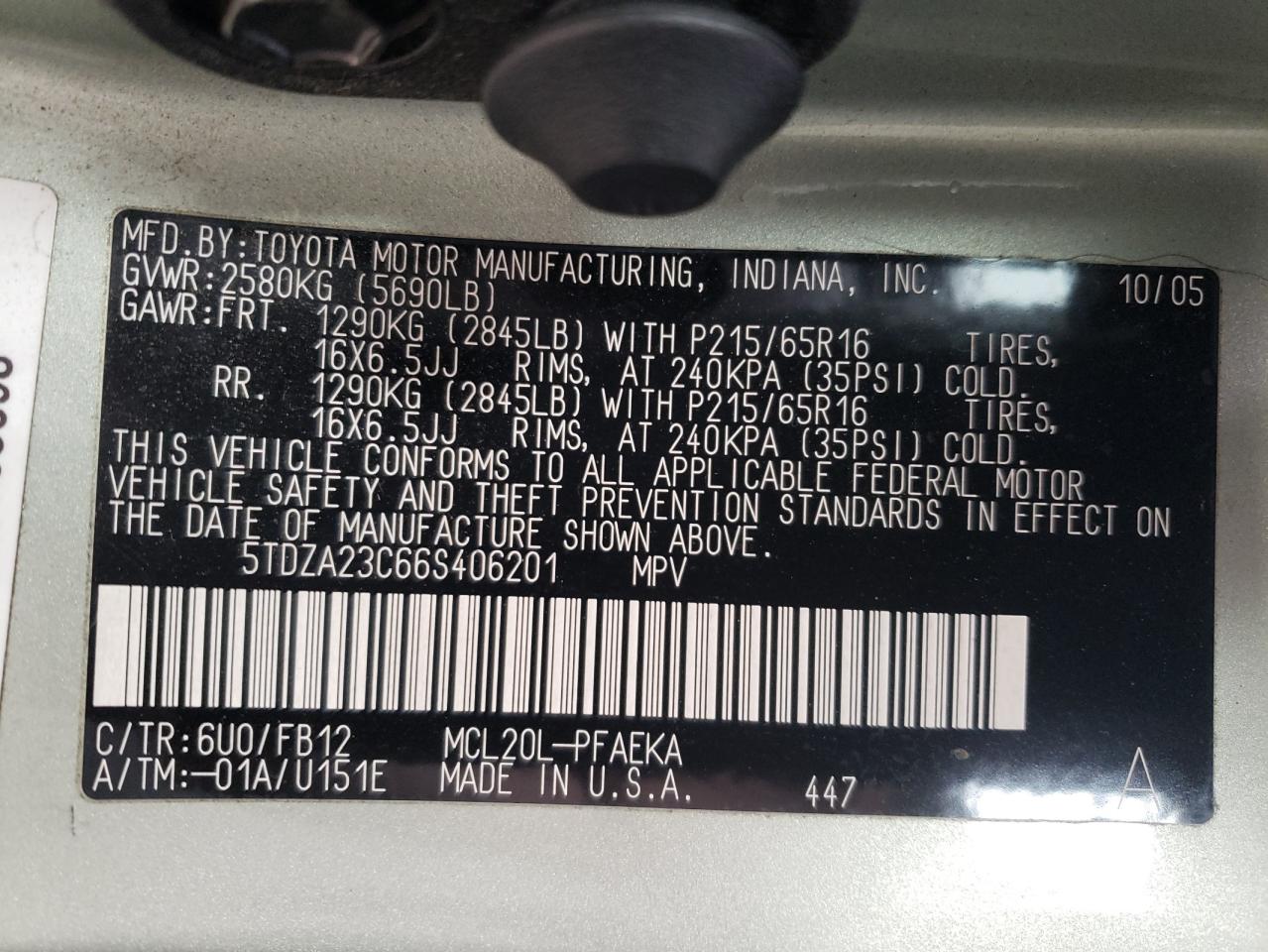 Photo 10 from auction – 2006 TOYOTA SIENNA CE with VIN 5TDZA23C66S406201