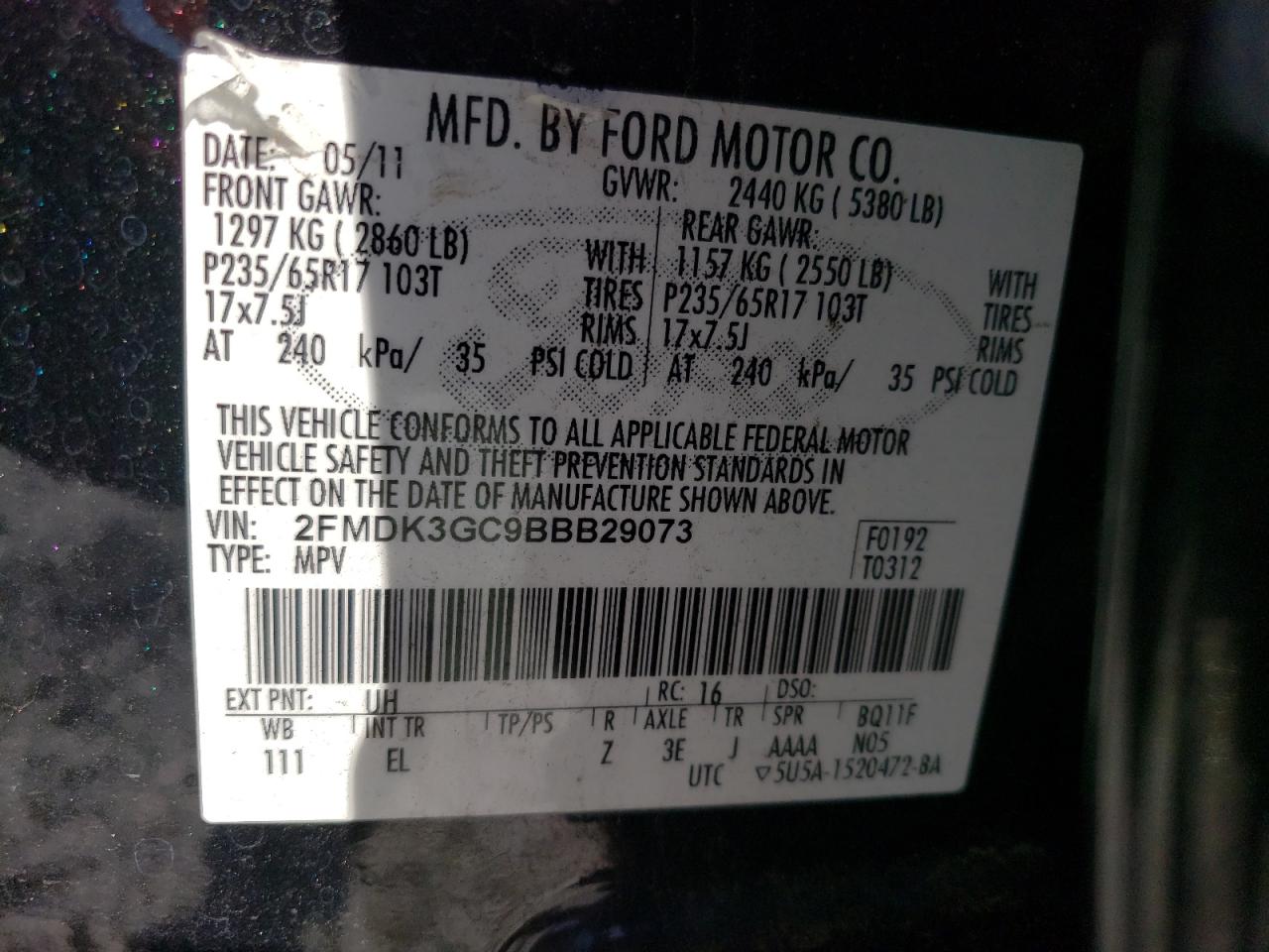 Photo 10 from auction – 2011 FORD EDGE SE with VIN 2FMDK3GC9BBB29073