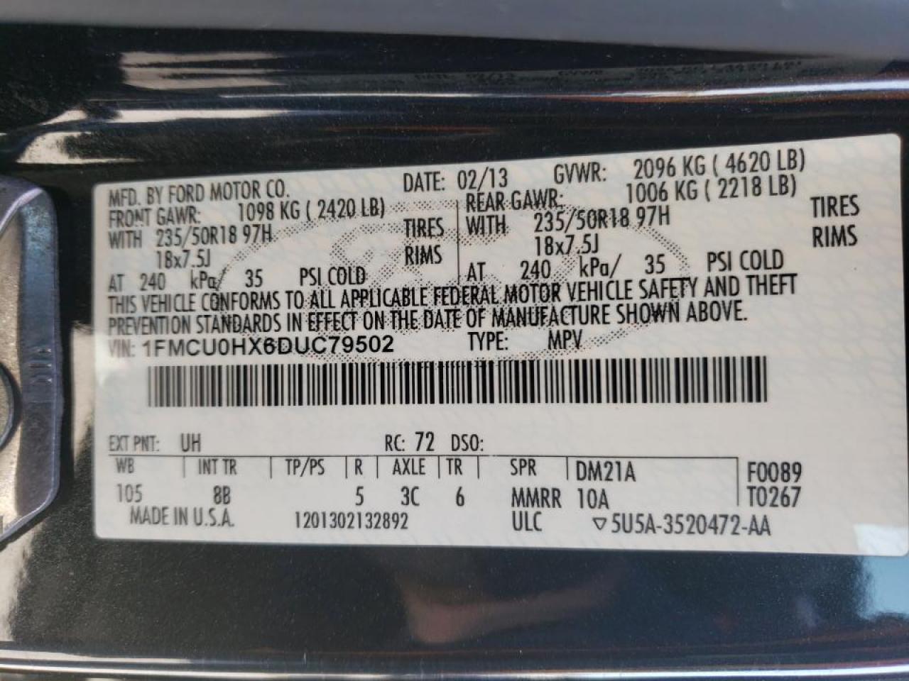 Photo 10 from auction – 2013 FORD ESCAPE SEL with VIN 1FMCU0HX6DUC79502