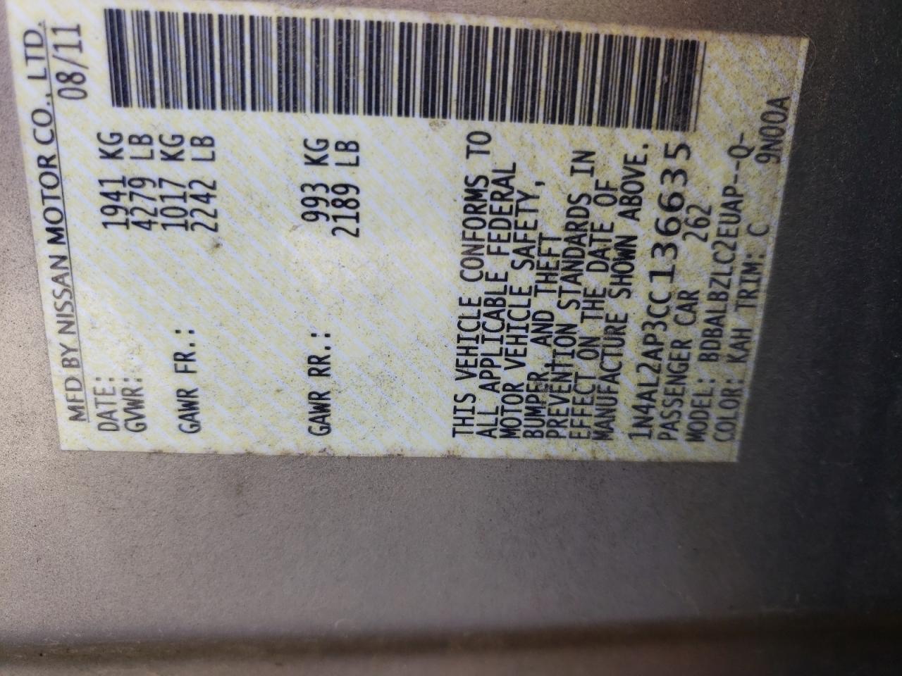 Photo 10 from auction – 2012 NISSAN ALTIMA BAS with VIN 1N4AL2AP3CC136635