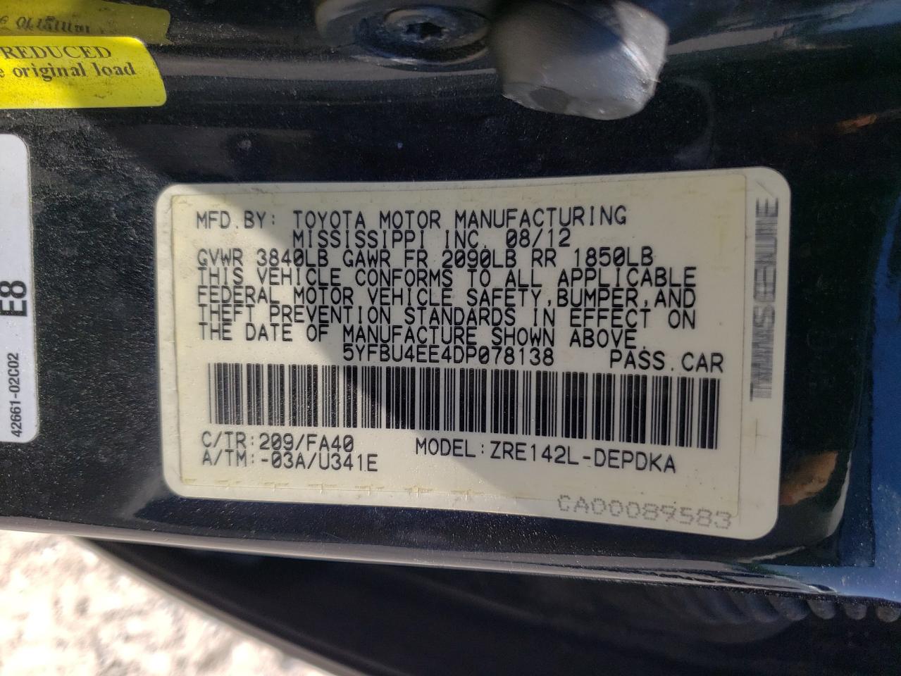 Photo 10 from auction – 2013 TOYOTA COROLLA BA with VIN 5YFBU4EE4DP078138