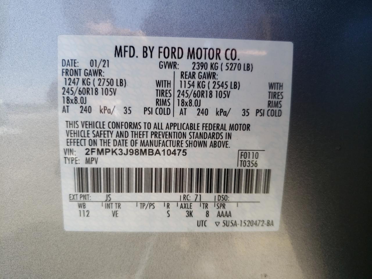 Photo 10 from auction – 2021 FORD EDGE SEL with VIN 2FMPK3J98MBA10475
