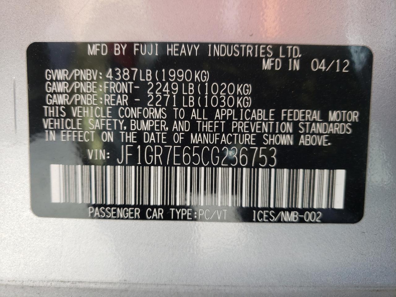 Photo 10 from auction – 2012 SUBARU IMPREZA WR with VIN JF1GR7E65CG236753