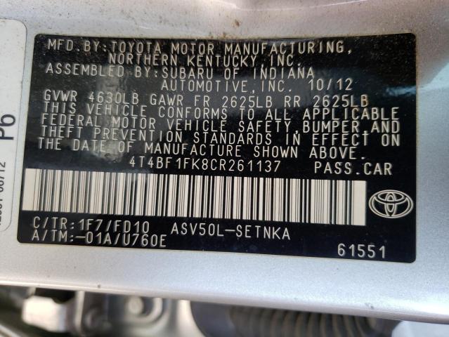 Photo 10 from auction – 2012 TOYOTA CAMRY BASE with VIN 4T4BF1FK8CR261137