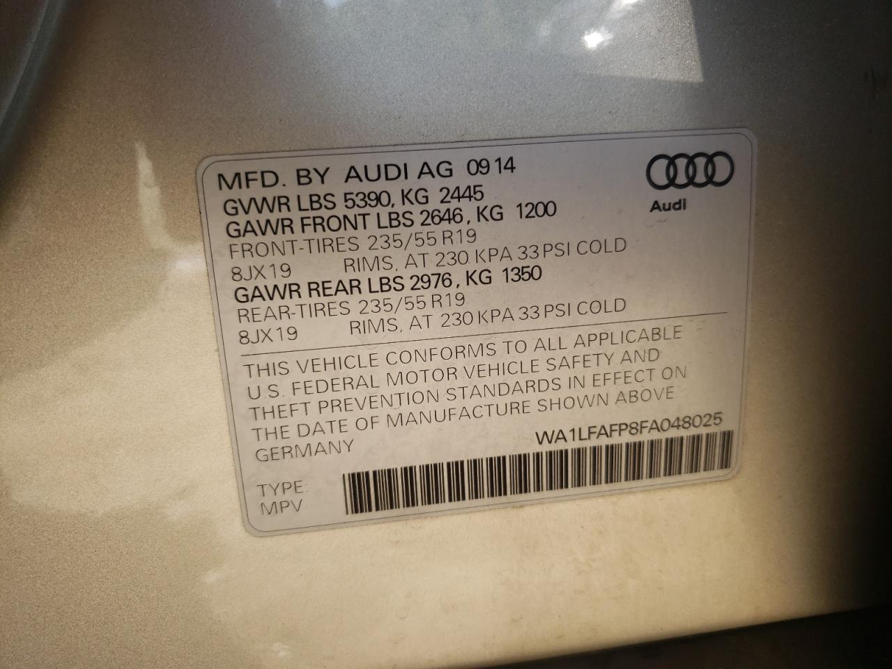 Zdjęcie 10 z aukcji – 2015 AUDI Q5 PREMIUM z VIN WA1LFAFP8FA048025