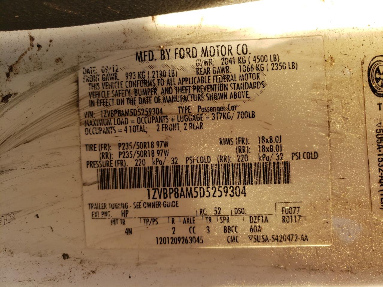 Photo 10 from auction – 2013 FORD MUSTANG with VIN 1ZVBP8AM5D5259304