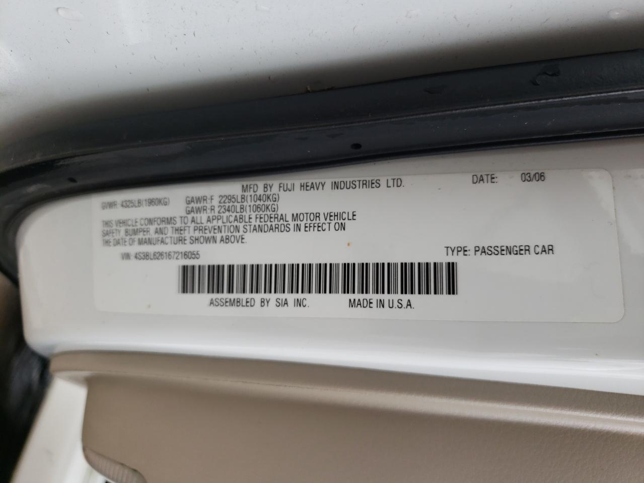 Photo 10 from auction – 2006 SUBARU LEGACY 2.5 with VIN 4S3BL626167216055