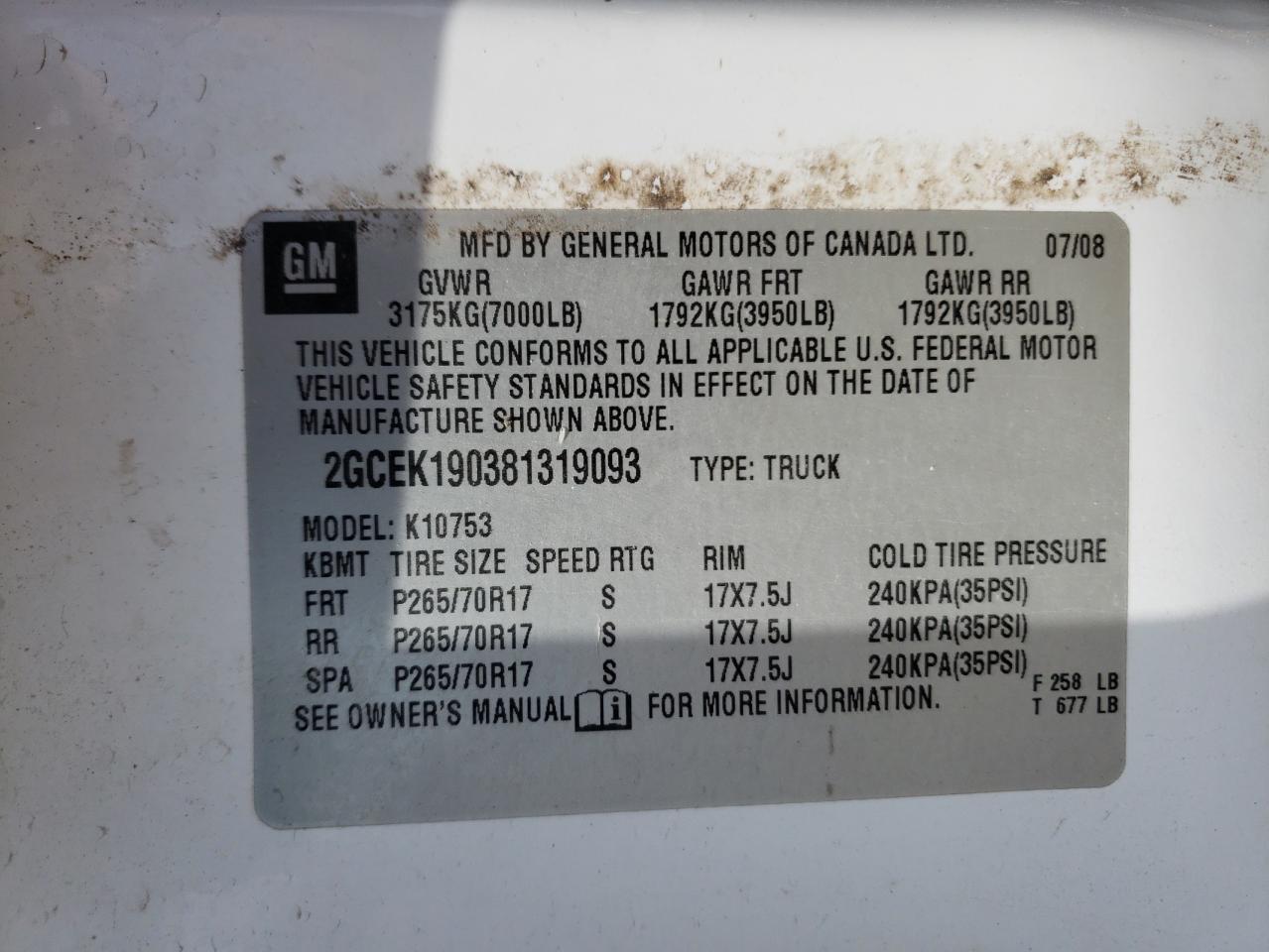 Foto 10 de la subasta – 2008 CHEVROLET SILVERADO con VIN 2GCEK190381319093