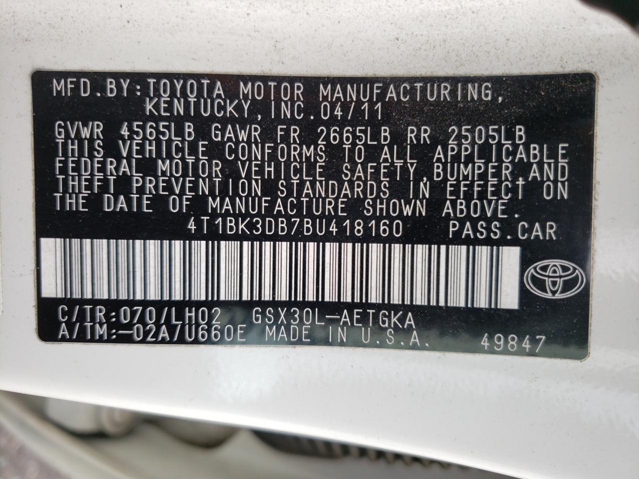 Photo 10 from auction – 2011 TOYOTA AVALON BAS with VIN 4T1BK3DB7BU418160