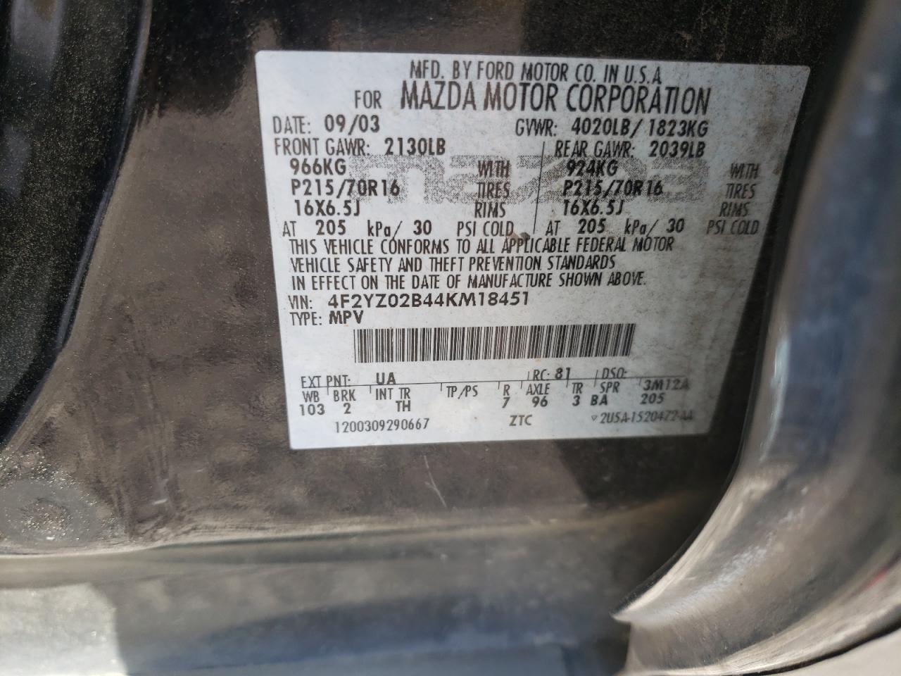 Photo 10 from auction – 2004 MAZDA TRIBUTE DX with VIN 4F2YZ02B44KM18451