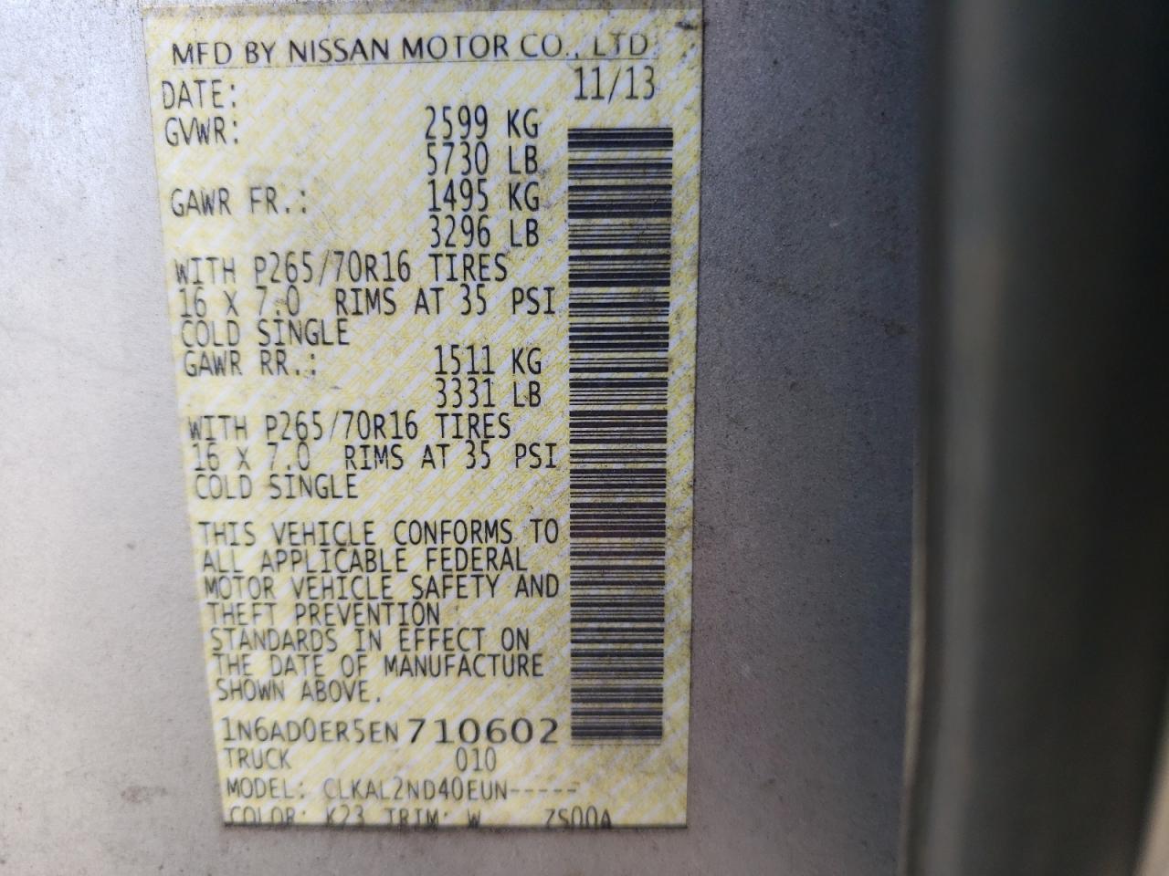 Photo 10 from auction – 2014 NISSAN FRONTIER S with VIN 1N6AD0ER5EN710602