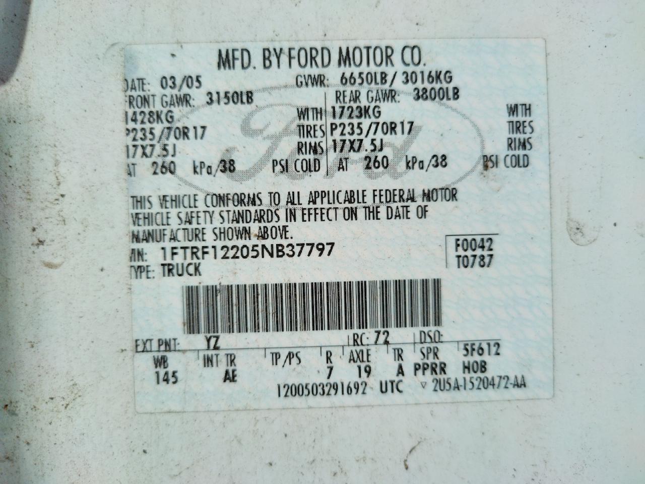 Photo 10 from auction – 2005 FORD F150 with VIN 1FTRF12205NB37797