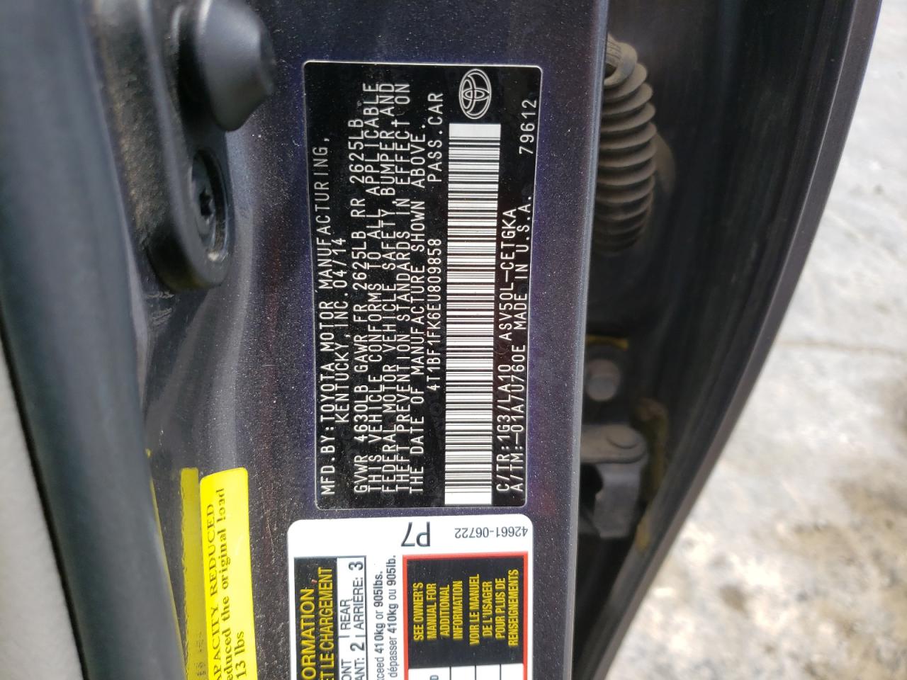 Photo 10 from auction – 2014 TOYOTA CAMRY L with VIN 4T1BF1FK6EU809858