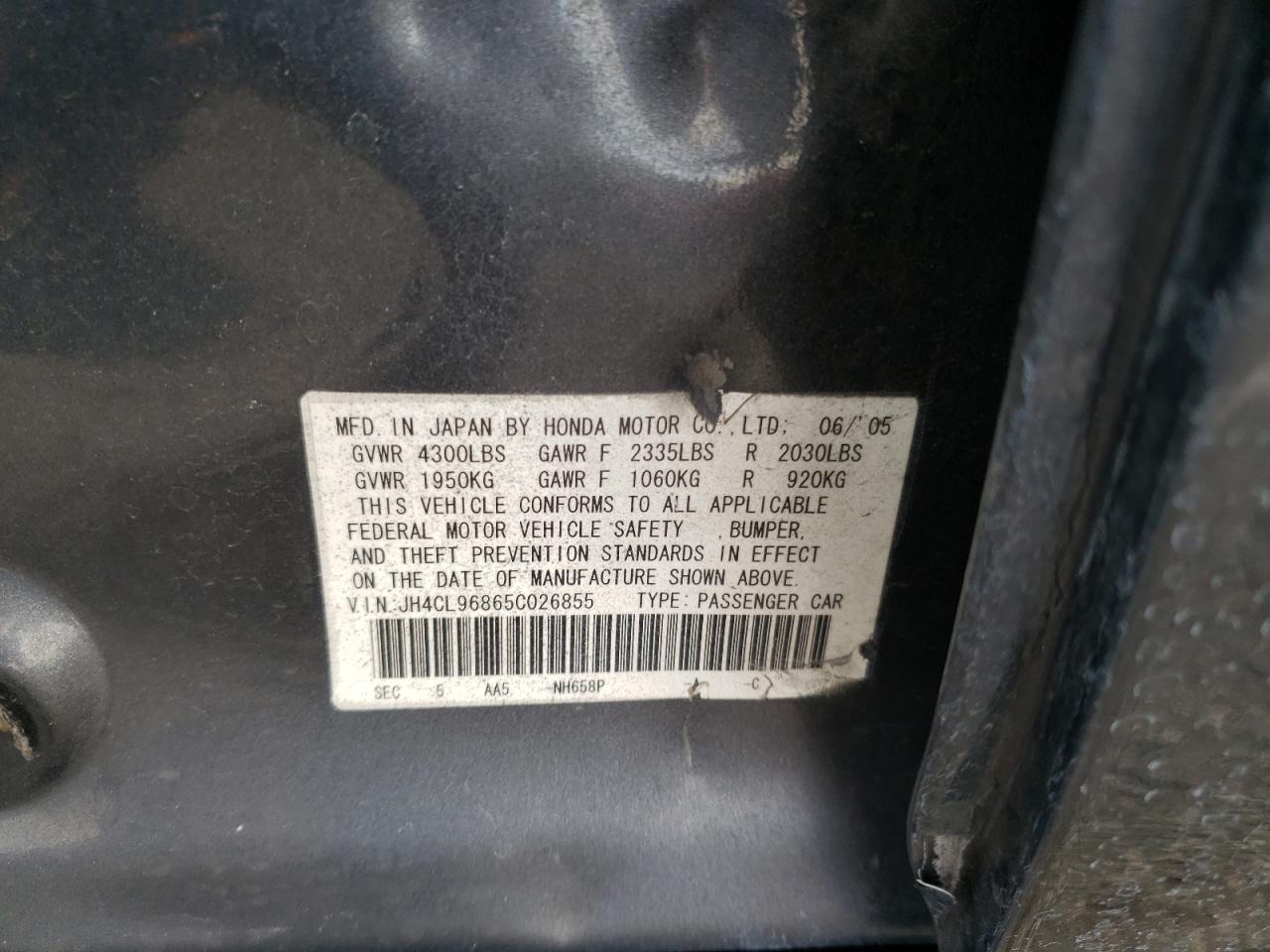 Photo 10 from auction – 2005 ACURA TSX with VIN JH4CL96865C026855