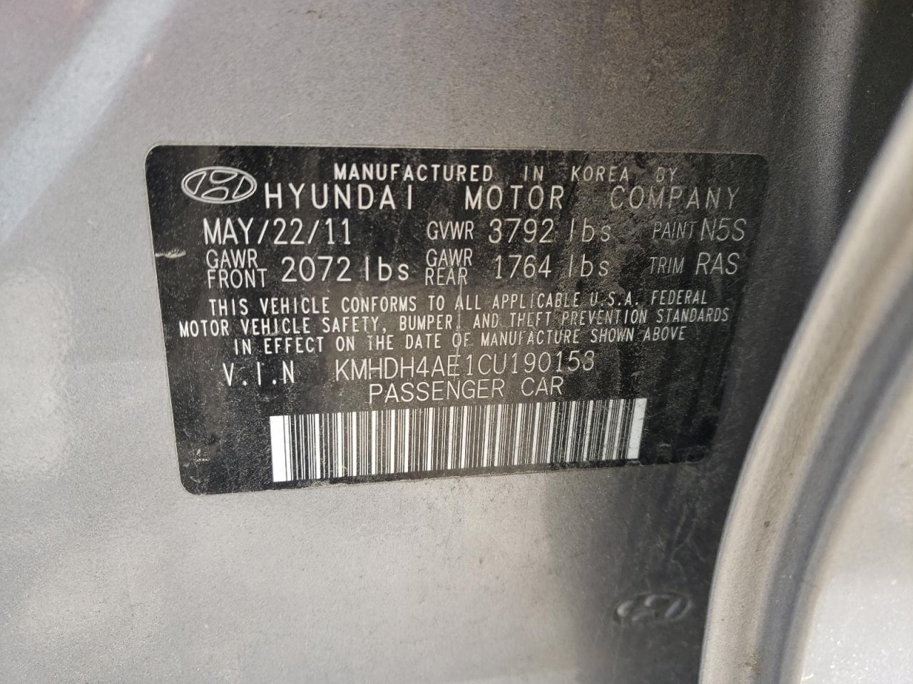 Photo 10 from auction – 2012 HYUNDAI ELANTRA GL with VIN KMHDH4AE1CU190153