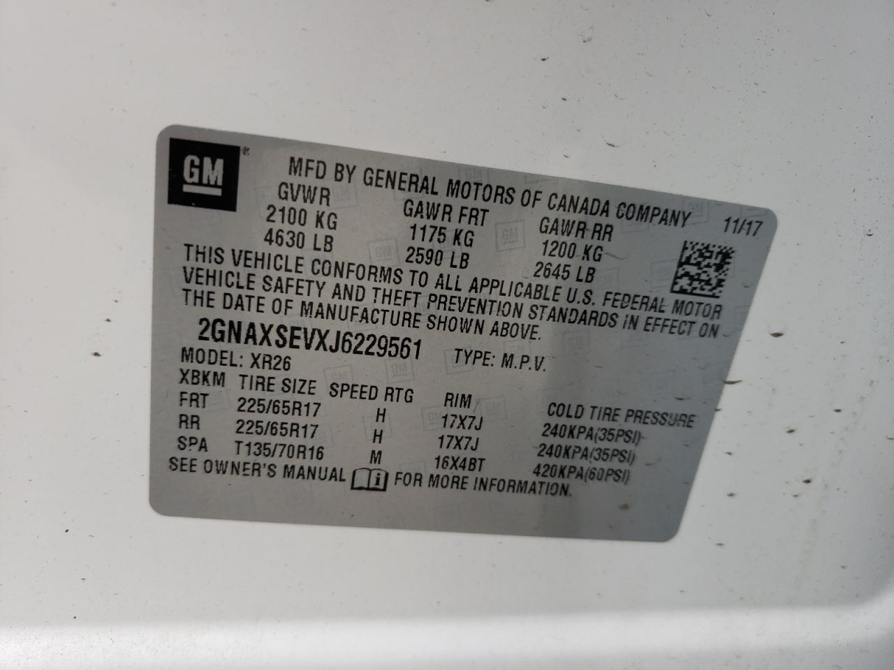 Photo 10 from auction – 2018 CHEVROLET EQUINOX LT with VIN 2GNAXSEVXJ6229561