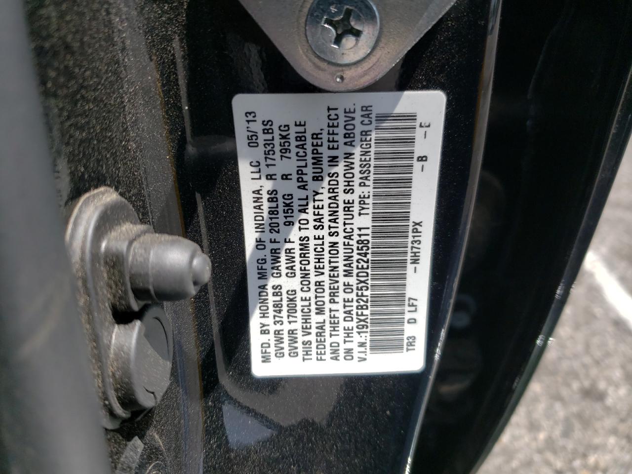 Photo 10 from auction – 2013 HONDA CIVIC LX with VIN 19XFB2F5XDE245811