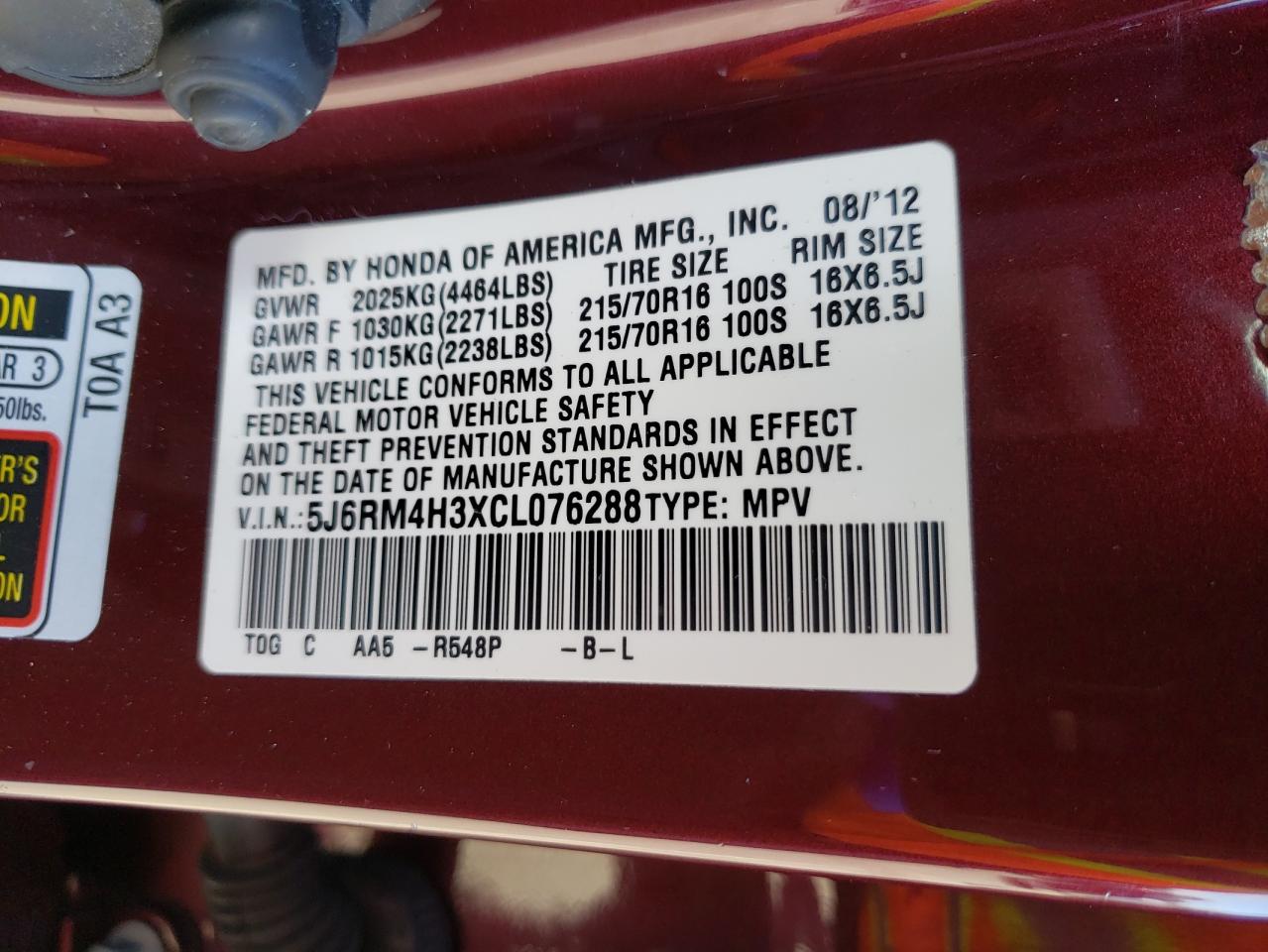 Photo 10 from auction – 2012 HONDA CR-V LX with VIN 5J6RM4H3XCL076288