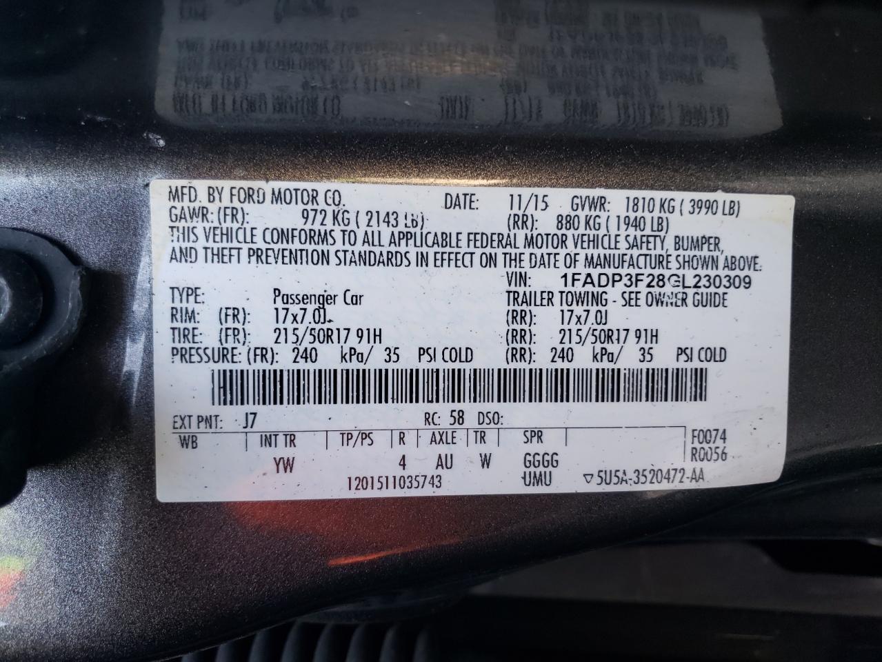 Photo 10 from auction – 2016 FORD FOCUS SE with VIN 1FADP3F28GL230309