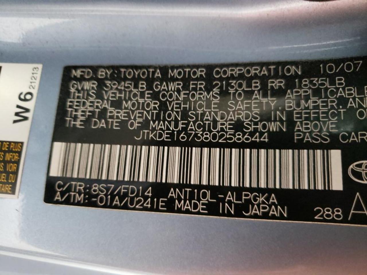 Photo 10 from auction – 2008 TOYOTA SCION TC with VIN JTKDE167380258644