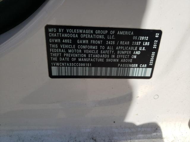 Photo 10 from auction – 2012 VOLKSWAGEN PASSAT SEL with VIN 1VWCN7A33CC098151