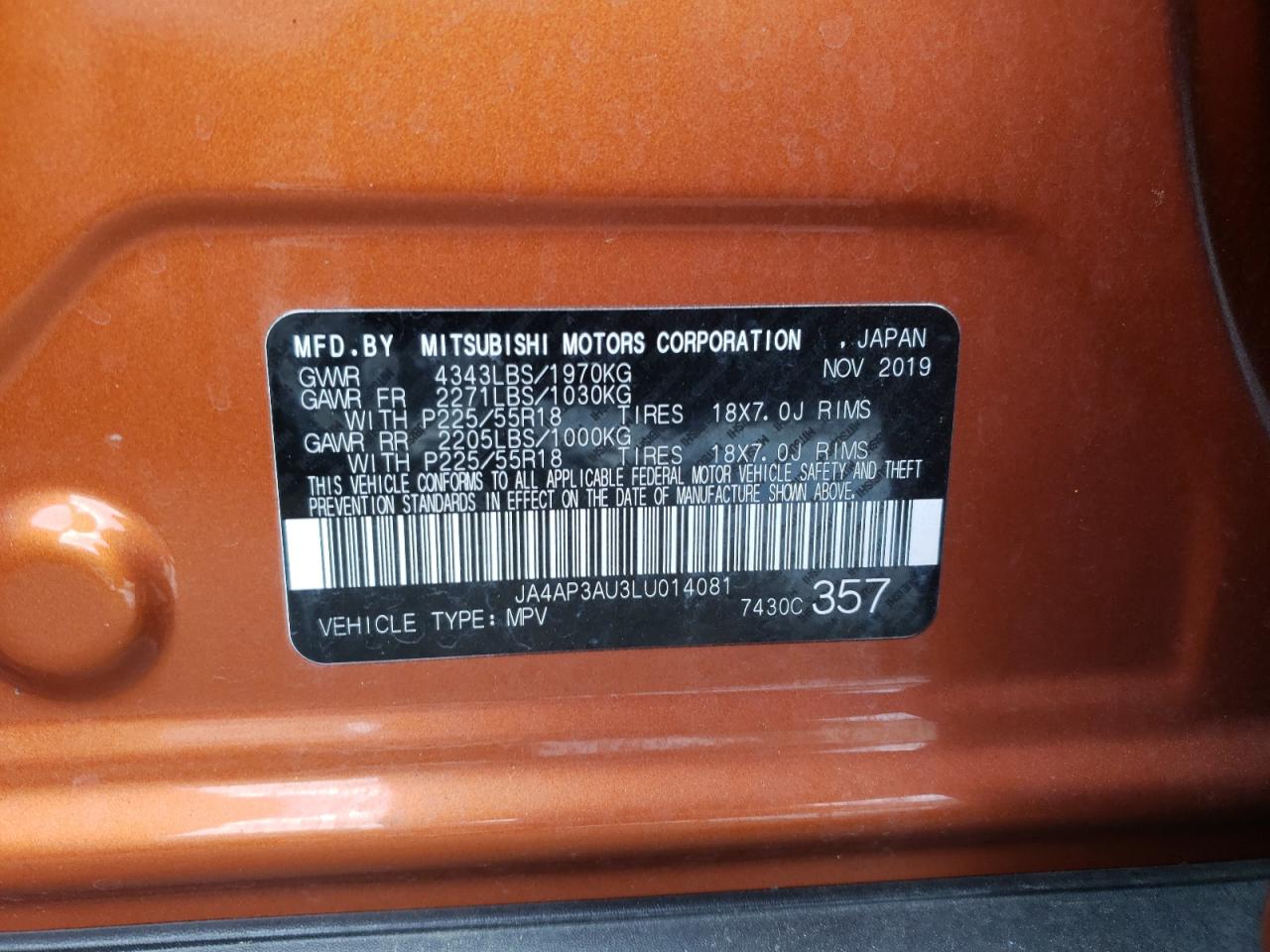 Photo 10 from auction – 2020 MITSUBISHI OUTLANDER with VIN JA4AP3AU3LU014081