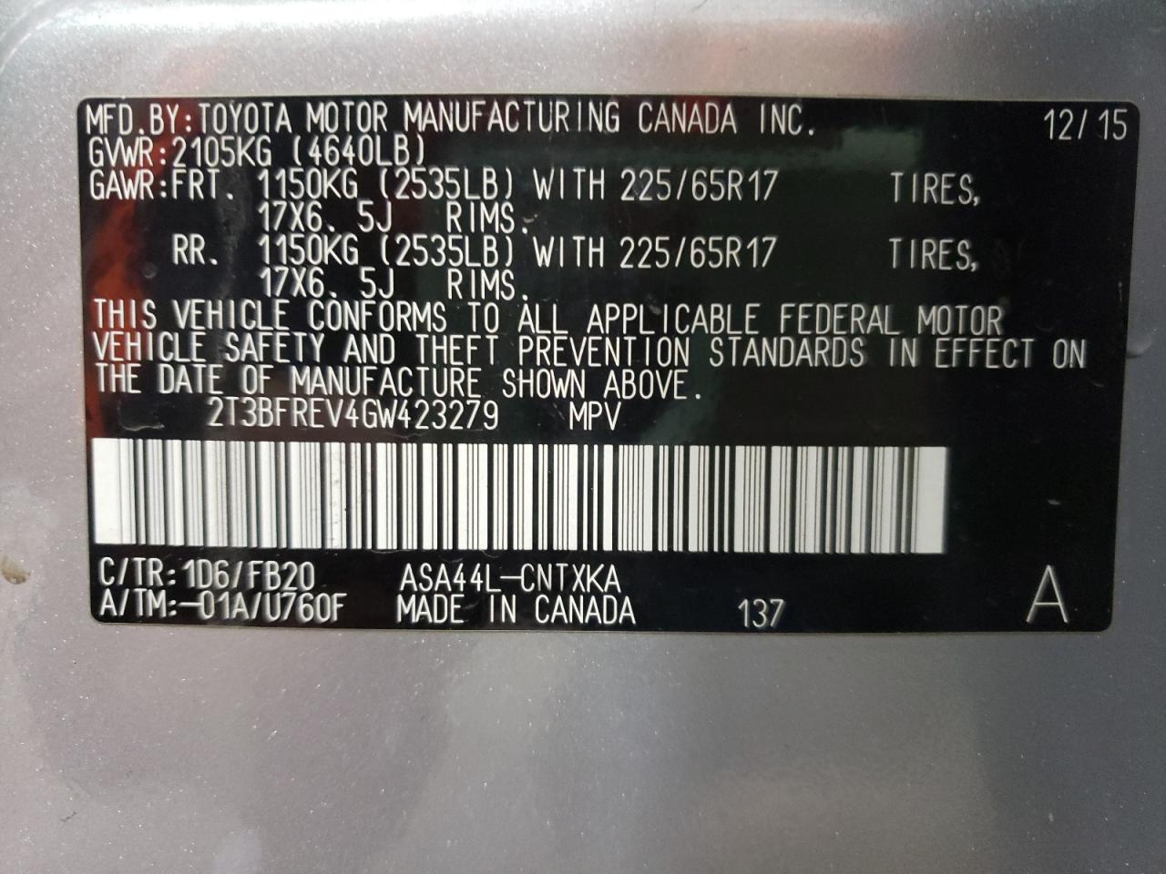 Photo 10 from auction – 2016 TOYOTA RAV4 LE with VIN 2T3BFREV4GW423279