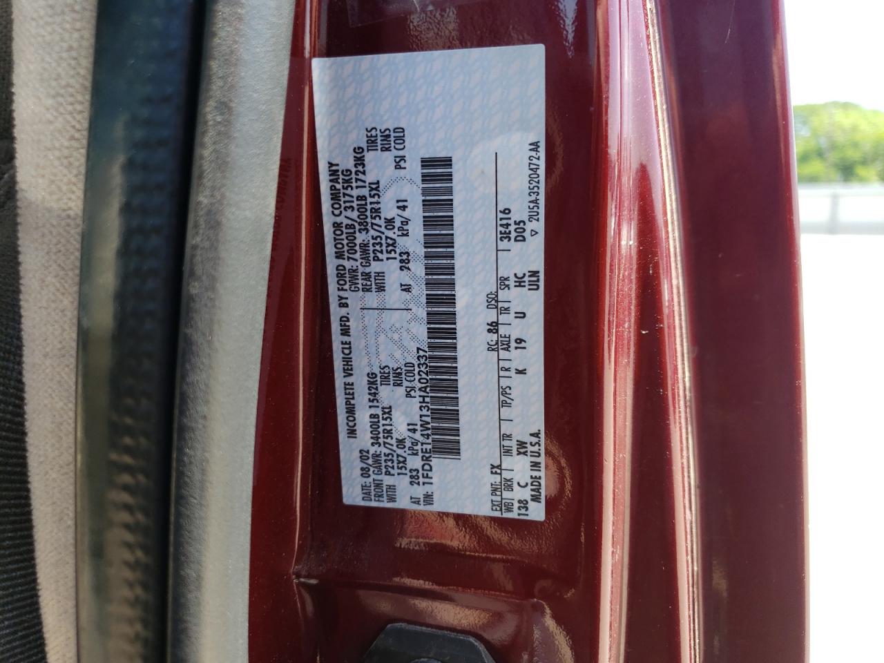 Photo 10 from auction – 2003 FORD ECONOLINE with VIN 1FDRE14W13HA02337