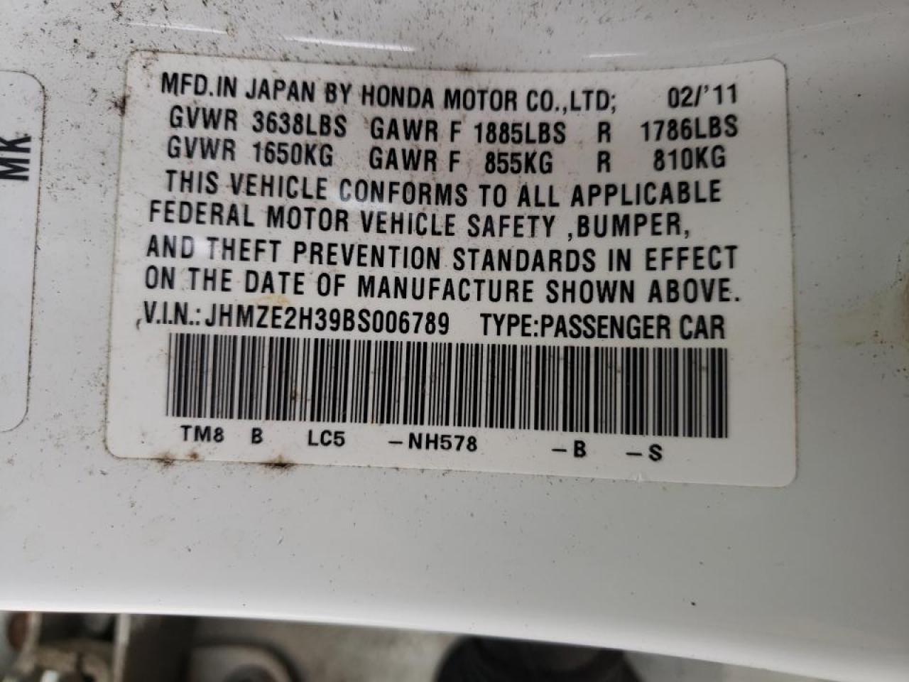 Photo 10 from auction – 2011 HONDA INSIGHT with VIN JHMZE2H39BS006789