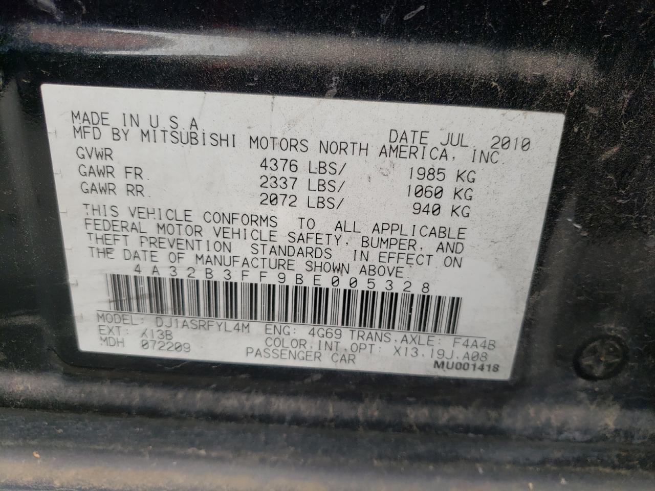 Photo 10 from auction – 2011 MITSUBISHI GALANT ES with VIN 4A32B3FF9BE005328