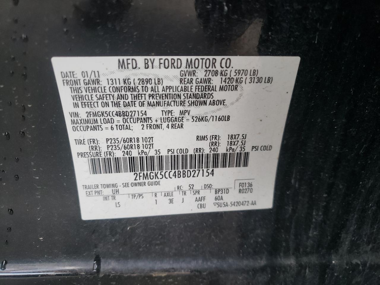 Photo 10 from auction – 2011 FORD FLEX SEL with VIN 2FMGK5CC4BBD27154