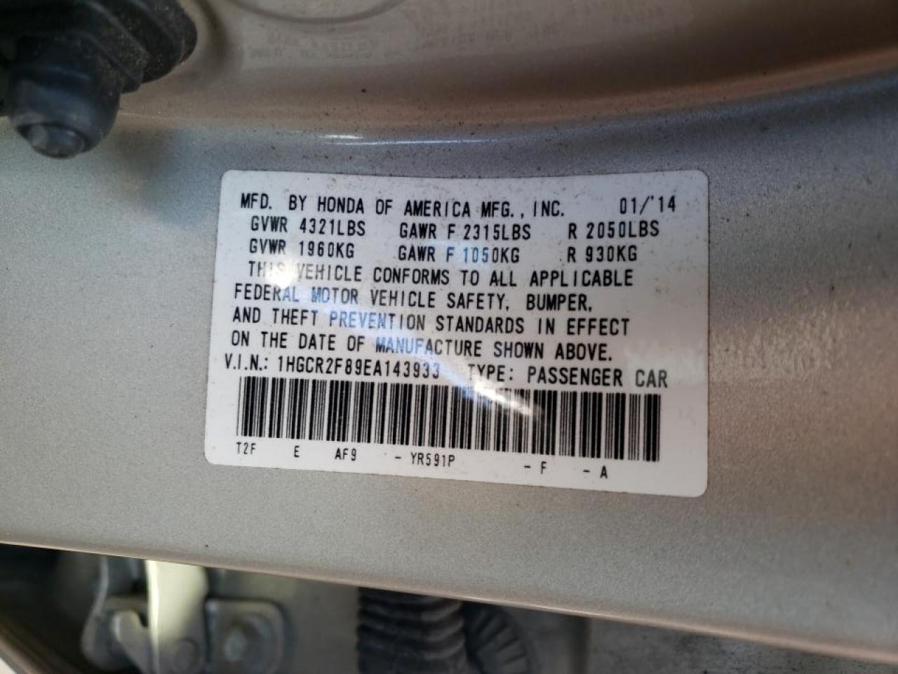 Photo 10 from auction – 2014 HONDA ACCORD EXL with VIN 1HGCR2F89EA143933
