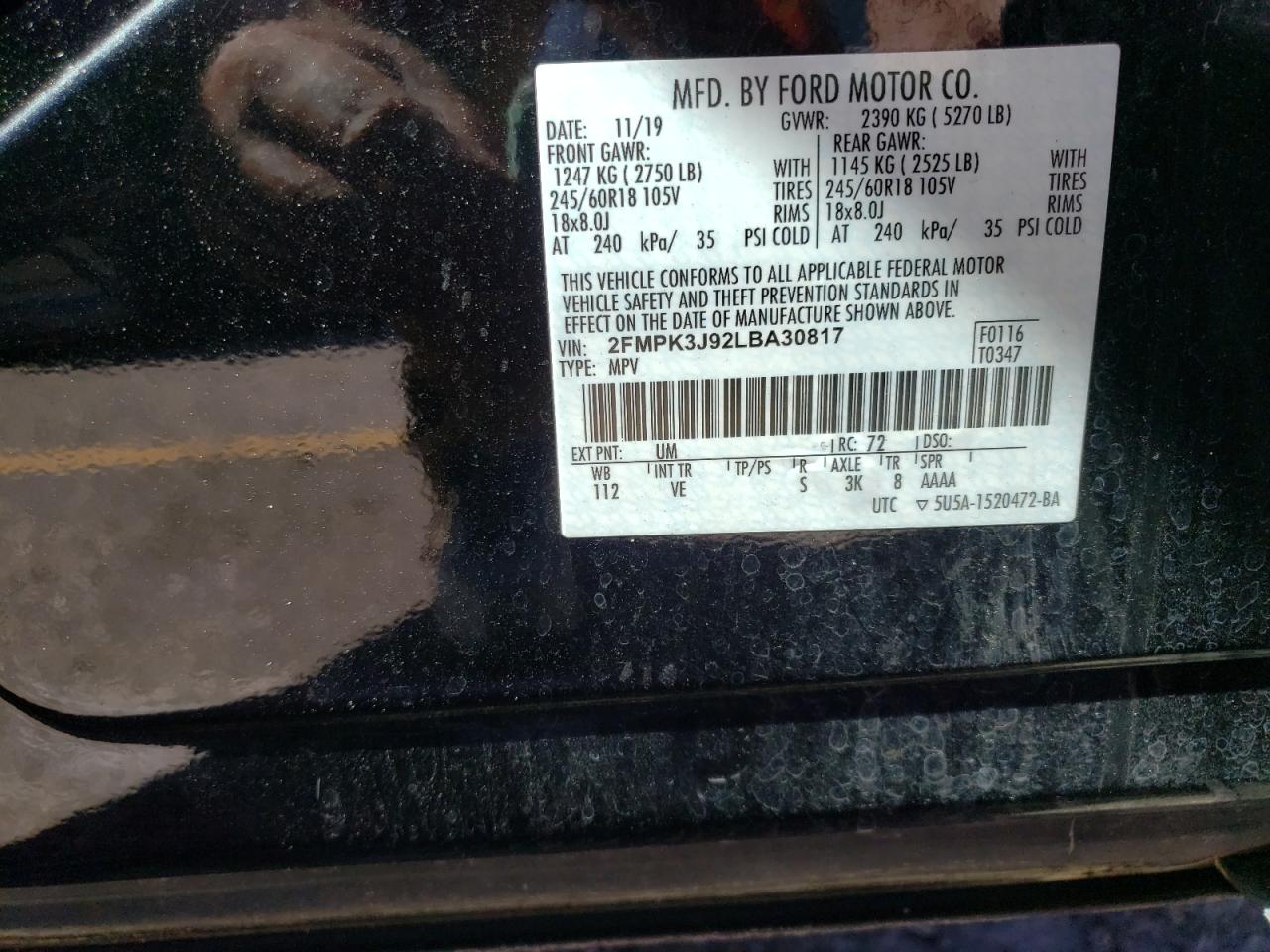 Photo 10 from auction – 2020 FORD EDGE SEL with VIN 2FMPK3J92LBA30817