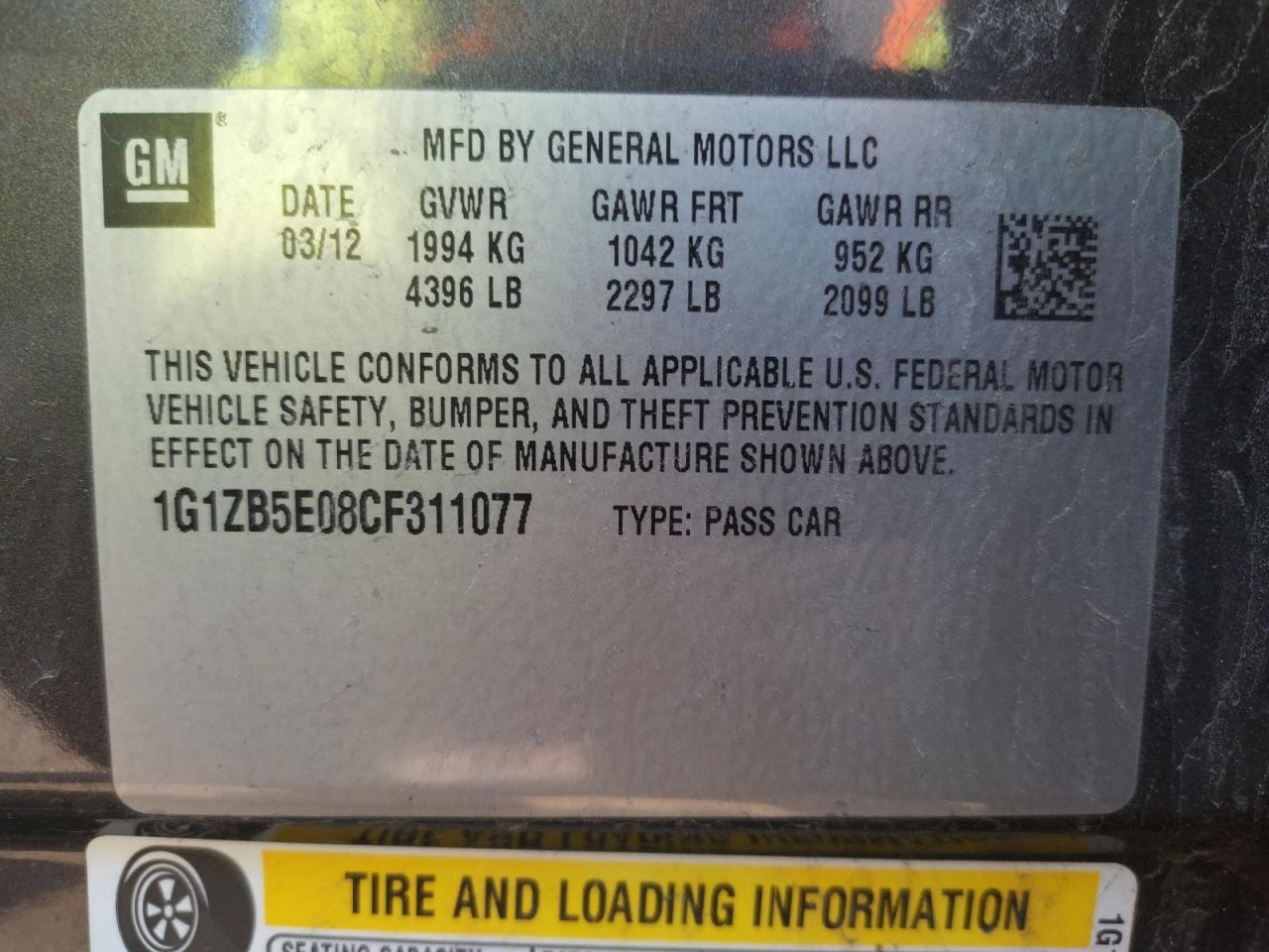 Photo 10 from auction – 2012 CHEVROLET MALIBU LS with VIN 1G1ZB5E08CF311077