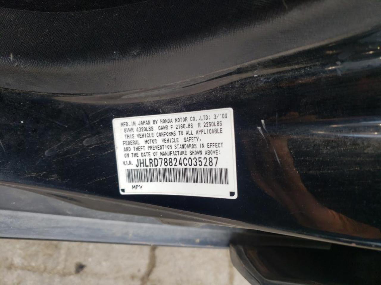 Photo 10 from auction – 2004 HONDA CR-V EX with VIN JHLRD78824C035287
