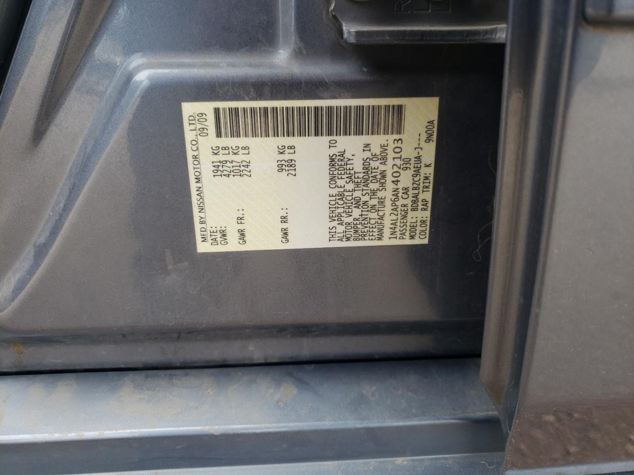 Photo 10 from auction – 2010 NISSAN ALTIMA BAS with VIN 1N4AL2AP6AN402103