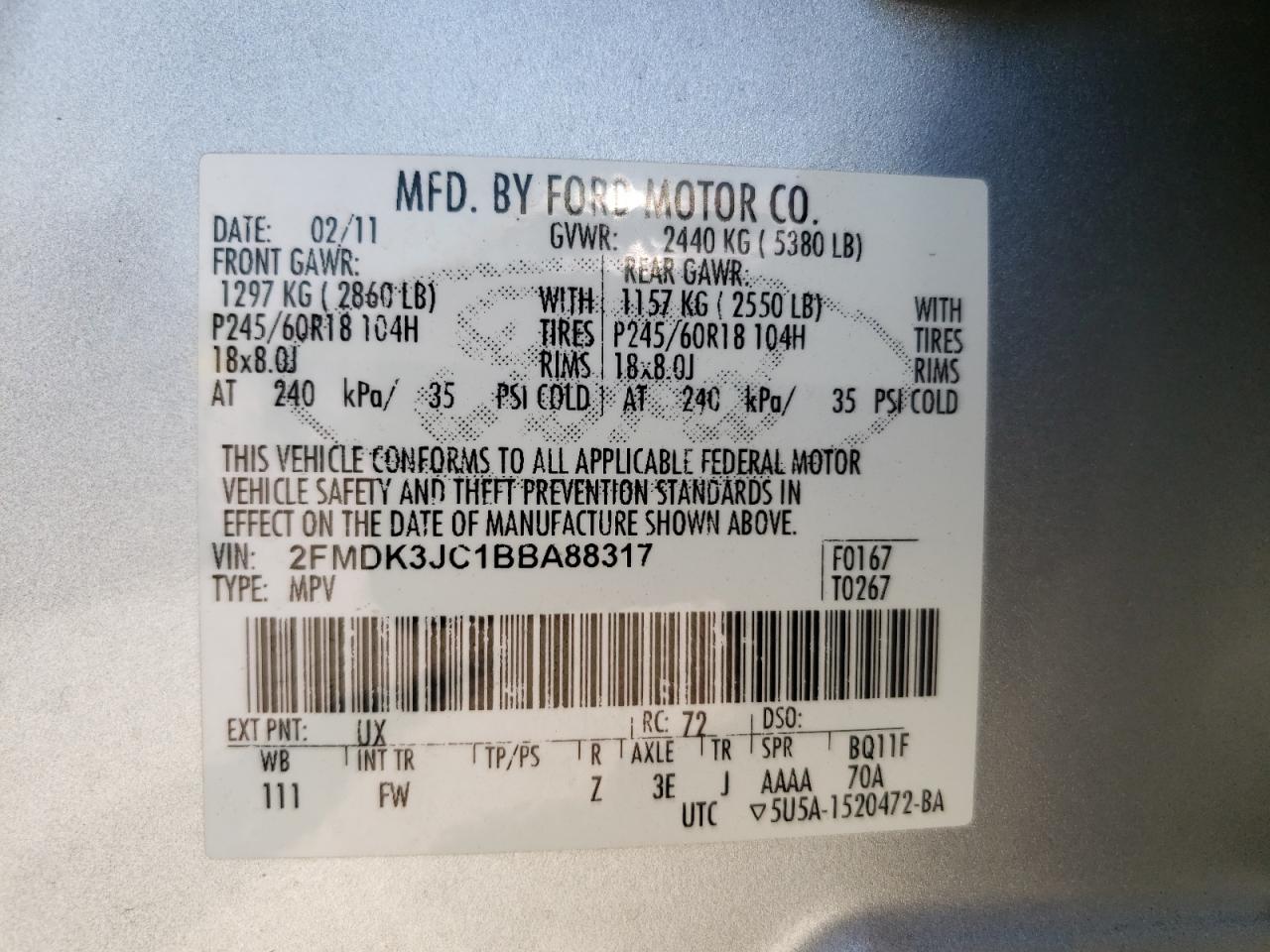 Photo 10 from auction – 2011 FORD EDGE SEL with VIN 2FMDK3JC1BBA88317