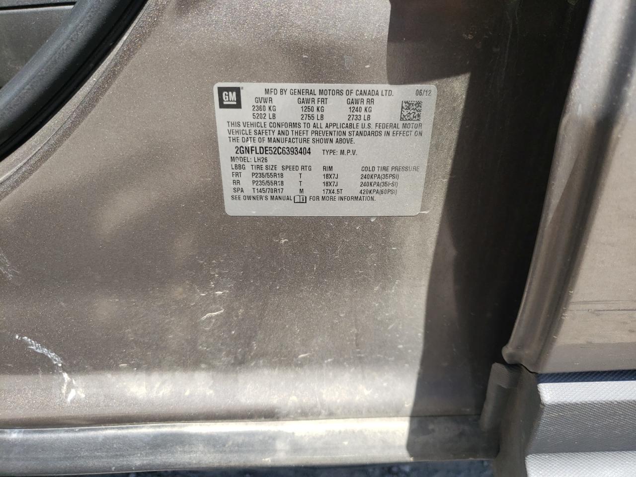 Photo 10 from auction – 2012 CHEVROLET EQUINOX LT with VIN 2GNFLDE52C6393404