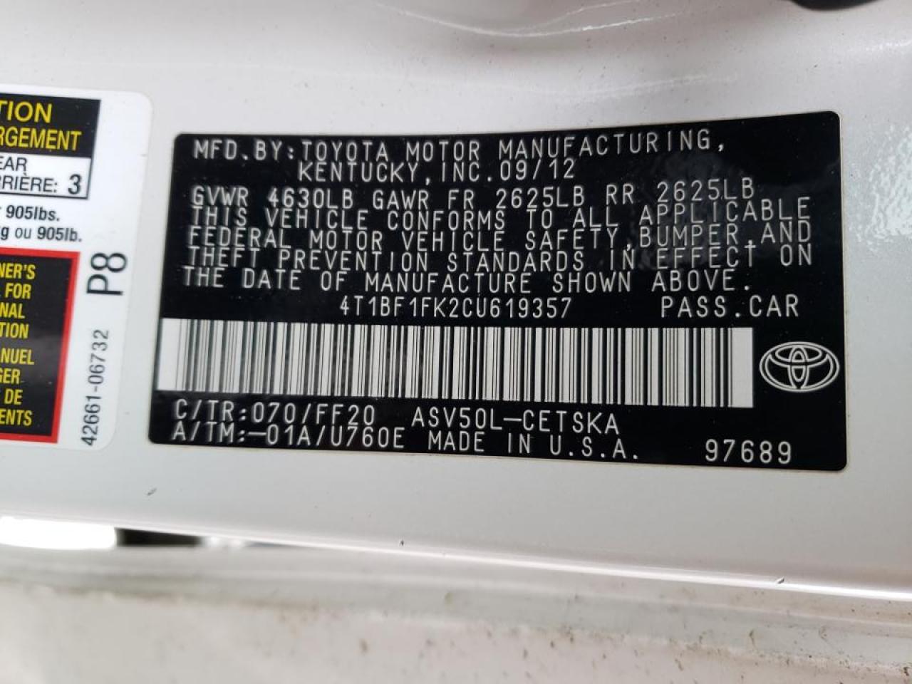 Photo 10 from auction – 2012 TOYOTA CAMRY BASE with VIN 4T1BF1FK2CU619357