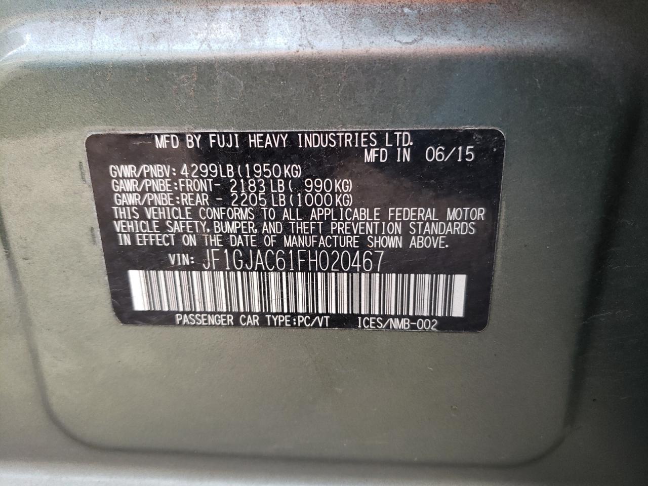 Photo 10 from auction – 2015 SUBARU IMPREZA PR with VIN JF1GJAC61FH020467