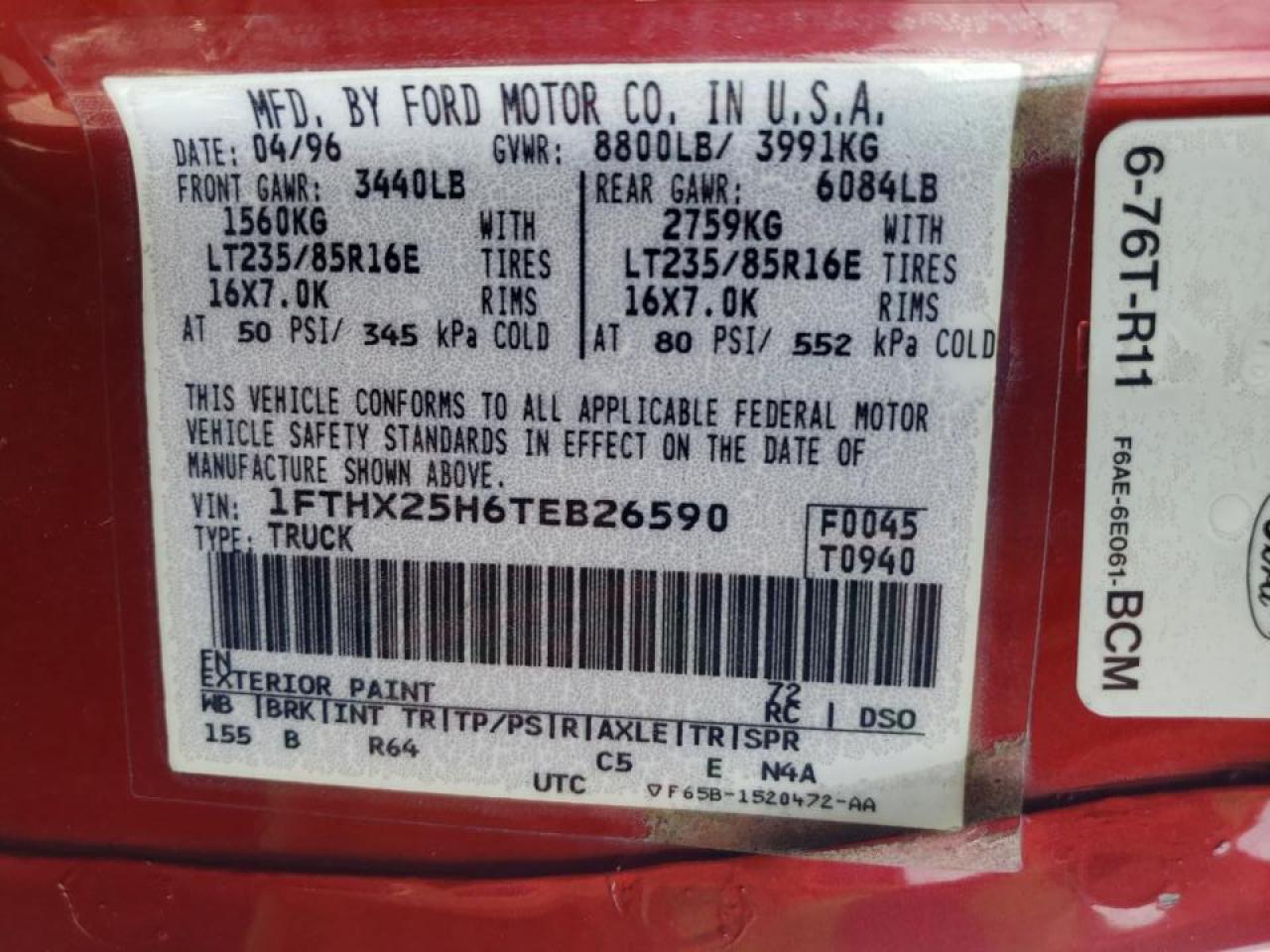 Photo 10 from auction – 1996 FORD F250 with VIN 1FTHX25H6TEB26590