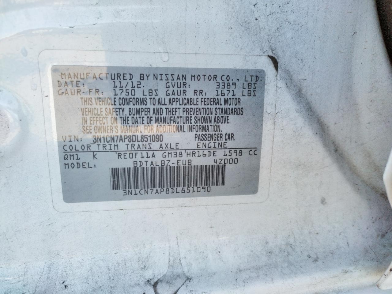 Photo 10 from auction – 2013 NISSAN VERSA S with VIN 3N1CN7AP8DL851090