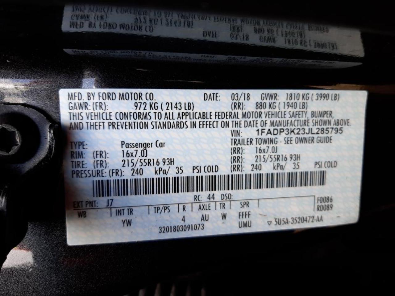 Photo 10 from auction – 2018 FORD FOCUS SE with VIN 1FADP3K23JL285795